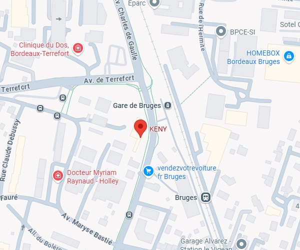 Carte de Bruges: l'emplacement KENY près de la Gare, Av. de Terrefort, Clinique du Dos et HOMEBOX Bordeaux.