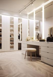 Dressing moderne blanc sur mesure avec miroir éclairé, coiffeuse élégante et parquet à chevrons. Rangement optimisé.